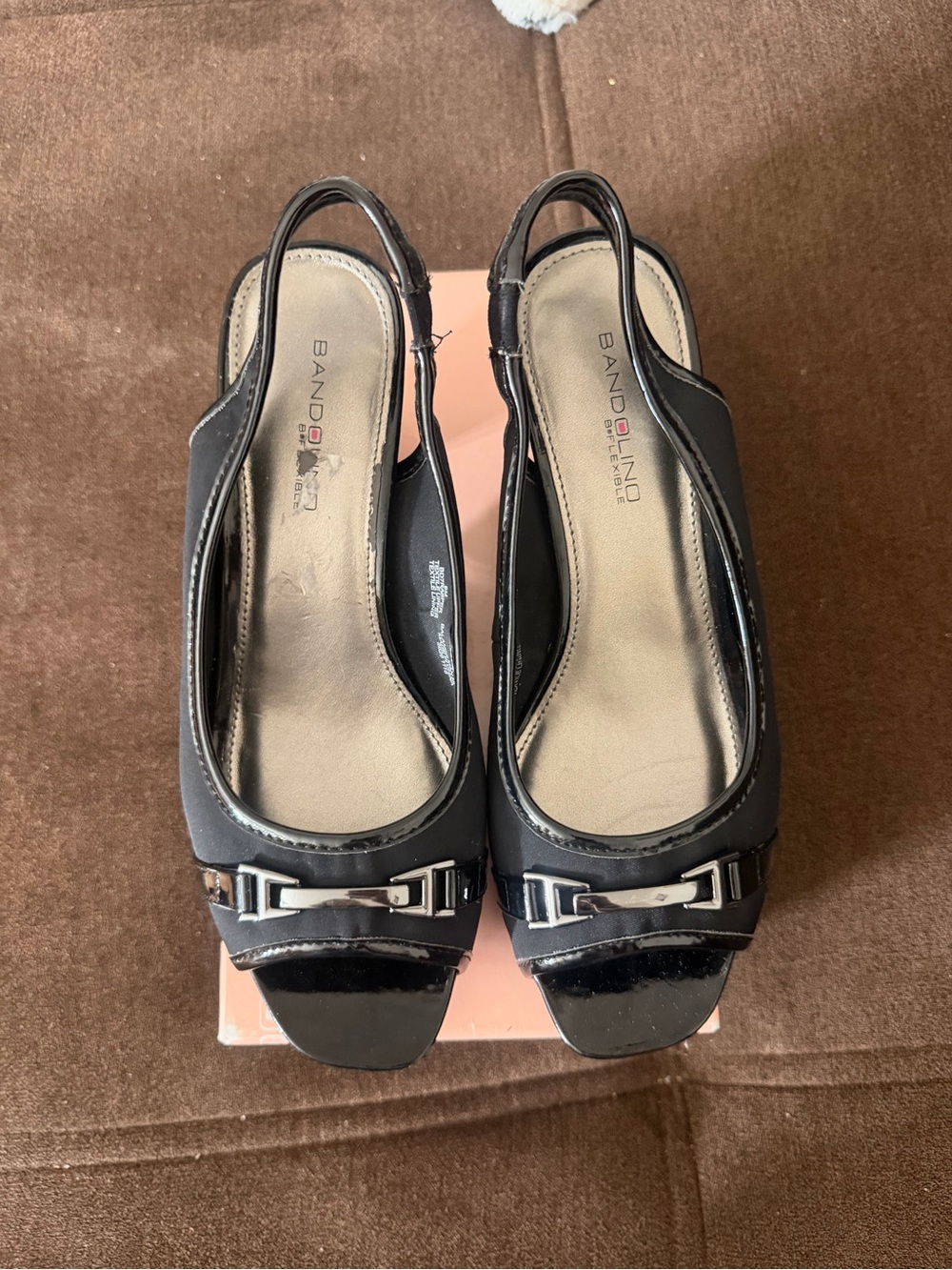 Bandolino Black Slingback Peep-Toe Mules with Silver Accent
